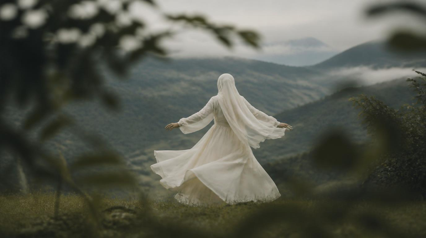 Woman in white turning over a misty green valley