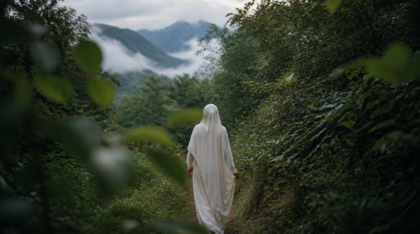 Woman walking through a green forest trail