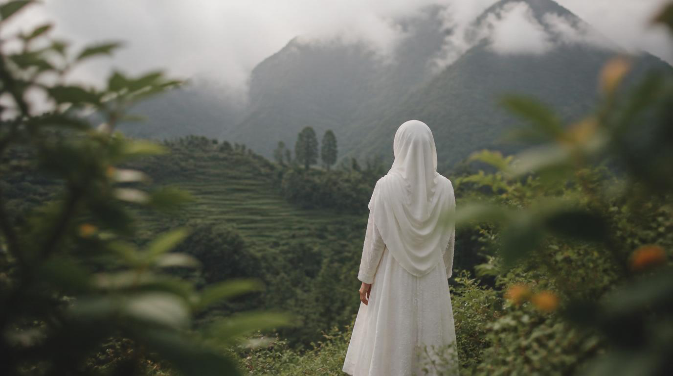 Woman gazing across foggy green mountains