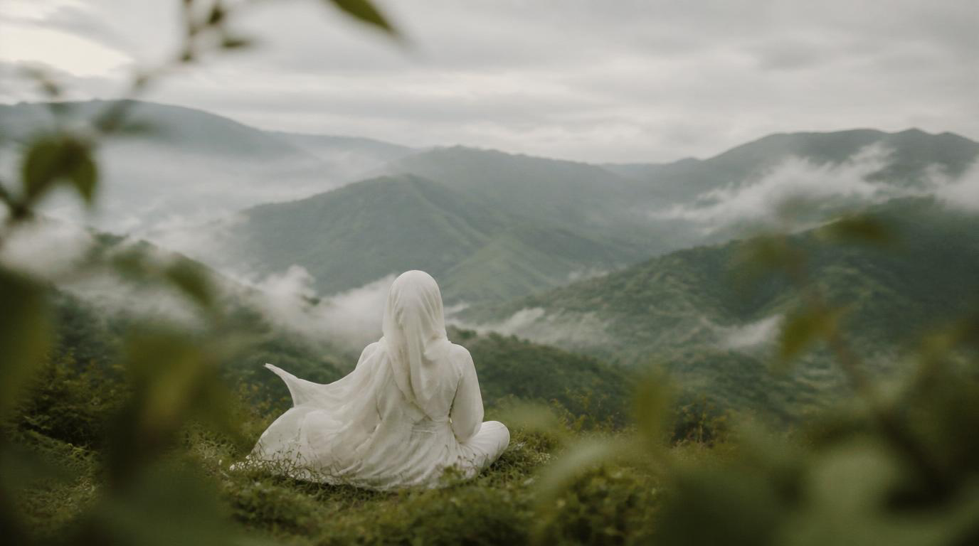 Woman sitting on a hillside facing misty mountains