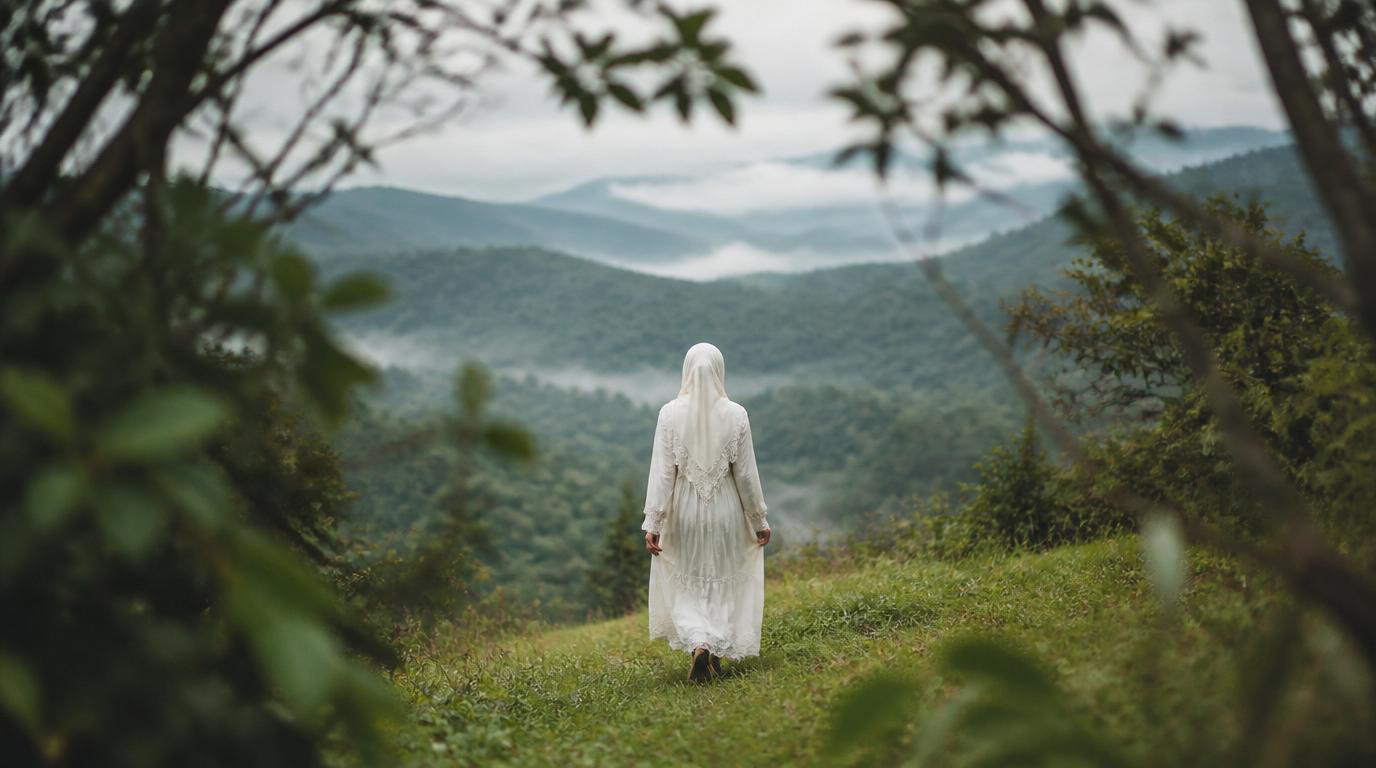 Woman walking toward a misty mountain valley