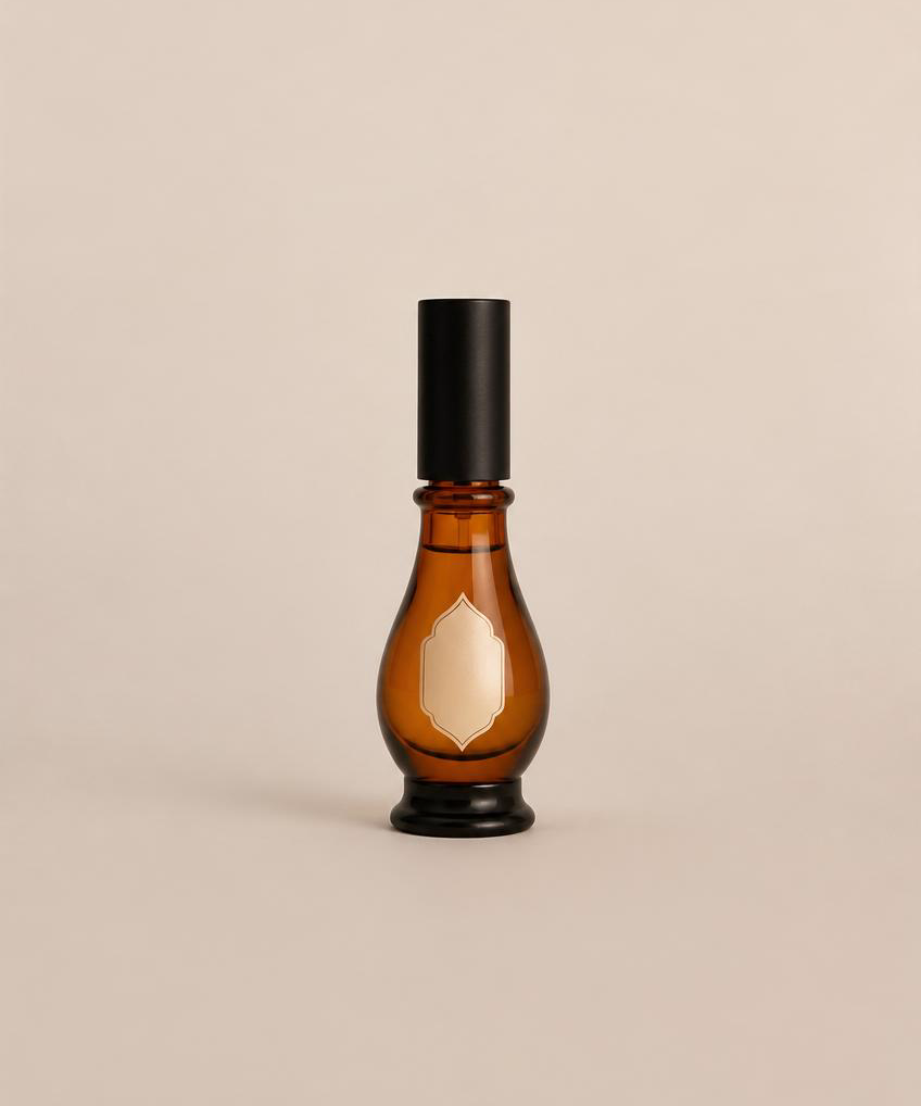 Curved amber attar bottle